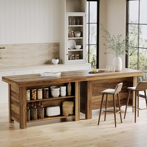LITTLE TREE 55 Inches Kitchen Island with Storage, 3-Tier Farmhouse Wooden Stationary Island Table with Large Worktop & Leg Room, Modern Coffee Bar Table Storage Cabinet for Kitchen, Rustic Brown LITTLE TREE