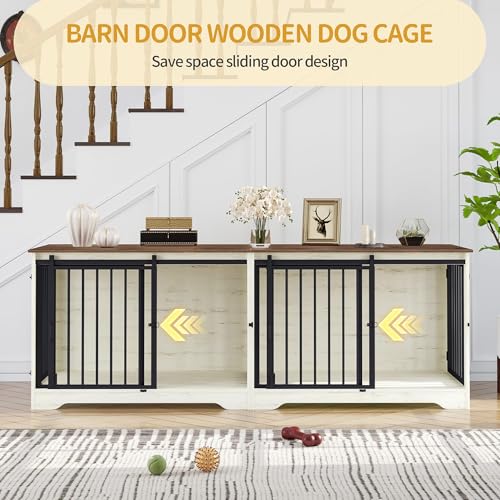 Hzuaneri 78" Dog Crate Furniture for 2 Dogs, Double Dog Cage with Divider, Wooden Heavy Duty Dogs Kennel, Pet Cage with Barn Door, TV Stand for Large Small Medium Dogs, White Brown DFC83714BV1 Hzuaneri