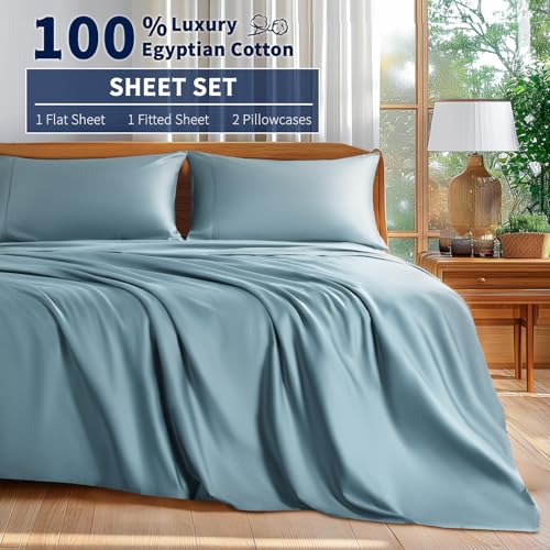 Shilucheng 100% Cotton King Size Sheets Set - 600 Thread Count,Luxury Egyptian Cotton Bed Sheets,5-Star Hotel Quality Sheets, Breathable & Cooling, 16 Inch Deep Pocket - 4 Piece (French Blue, King) Shilucheng