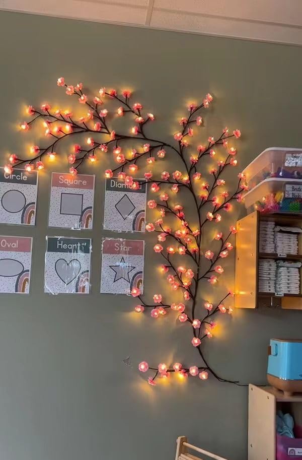 Cherry LED Tree Branch Lights for Wall, Cherry Blossom Willow Vine Twig Decor Garland with 72 LED Lights and Remote,8 Lighting Modes,Christmas Decorations Indoor for Home Wall Door Window (63inch) BomKra