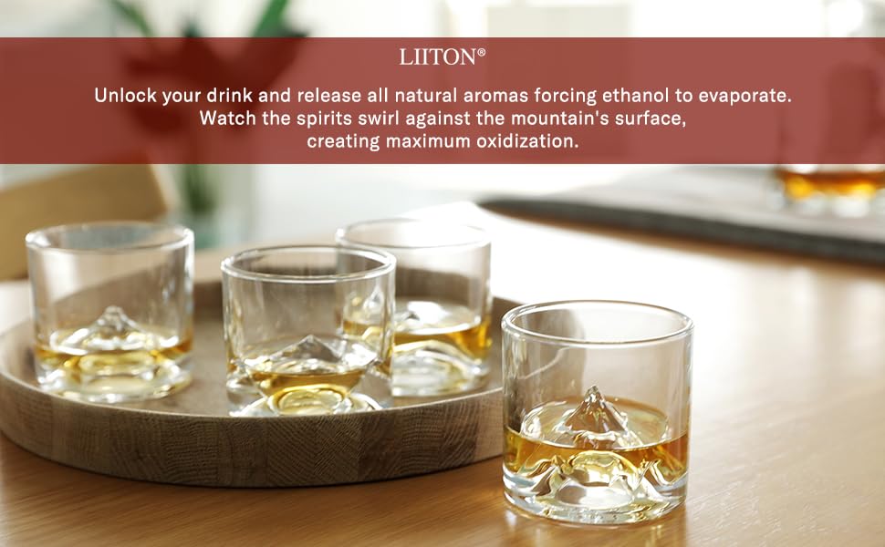 LIITON The Peaks Mountains Crystal Bourbon Whiskey Decanter Gift Set with 4 Old Fashioned Glasses, Premium Luxury Gifts for Men, Vodka, Scotch, Liquor, 1,000 ML LIITON