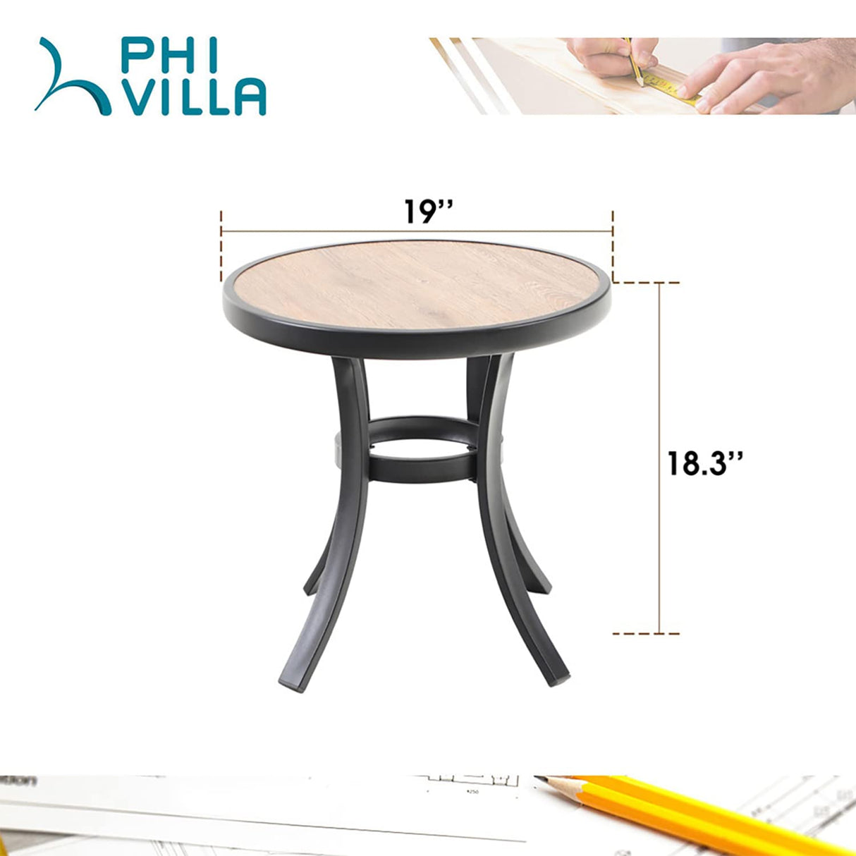 PHI VILLA Patio Round Side Table with Metal Frame and Wooden Like Surface, 19" Small Heavy Duty Outdoor End Table for Garden Yard Lawn PHI VILLA