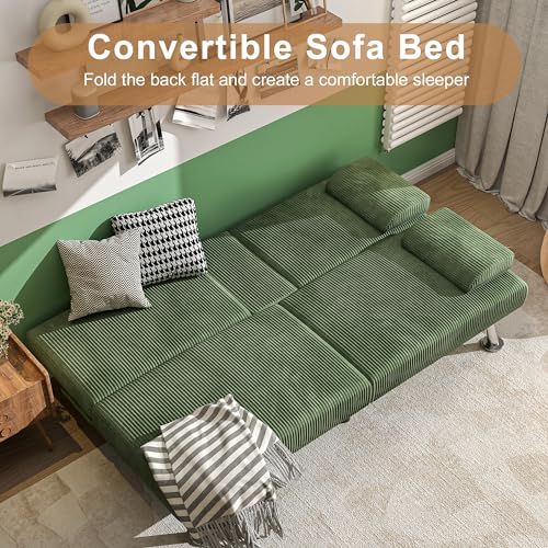 Shahoo Modern Upholstered Convertible Folding Futon Sofa Bed with Removable Armrests, Metal Legs, 2 Cup Holders for Living Room, Green Shahoo