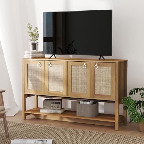 LubanNese 55" Rattan Sofa Console Table, Boho Wood Entryway Storage Cabinet with 4 Doors & Adjustable Shelf, Multifunctional Coffee Bar Sideboard Buffet for Kitchen, Dining Room, Living Room LubanNese