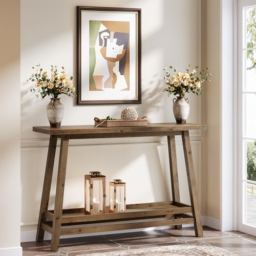 TRIBEWOOD 41.3" Farmhouse Console Table, Solid Wood Entryway Table with Storage Shelf, 2 Tiers of Narrow Behind Couch Sofa Furniture for Living Room, Hallway, Foyer, Easy Assembly, Brown TRIBEWOOD