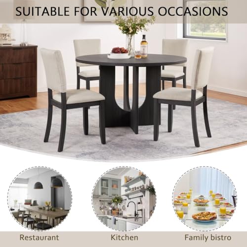 JIJIWANG 47.3" Round Dining Set with 4 Upholstered Dining Chairs, Modern Dining Table Set for 4, 5-Piece Round Dining Table Set for Living Room, Kitchen, Antique Black & Beige JIJIWANG