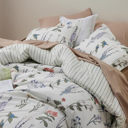 Bedsure Comforter Set Queen Size - Cute Floral Bedding Comforter Set, 3 Pieces, 1 Soft Reversible Coconut White Botanical Flowers Comforter and 2 Pillow Shams Bedsure