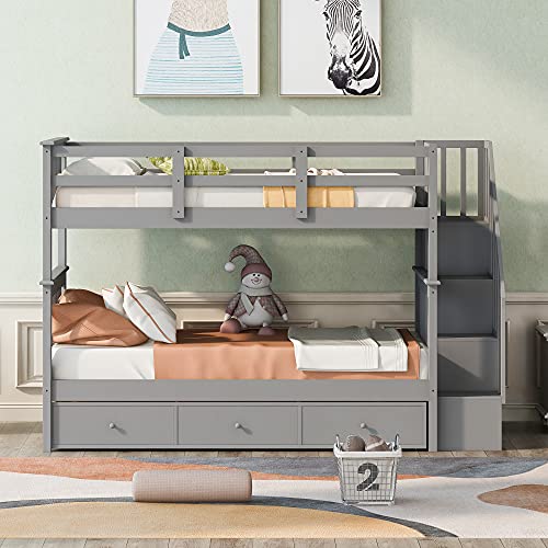 Harper & Bright Designs Twin Over Twin Bunk Bed with Three Drawers and Storage Staircase, Solid Wood Bunk Bed Frame with Guardrails for Bedroom, Guest Room, No Box Spring Required, Space Saving, Gray Harper & Bright Designs