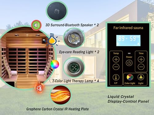 LTCCDSS Mahogany Outdoor Sauna 4 Person, Low EMF Far Infrared Sauna for Home, Withstand Outdoor Temp -10℉-149℉| 12 Low EMF Boards-Chromotherapy-Bluetooth Speakers (68.1 * 52.4 * 82.7 inch) LTCCDSS