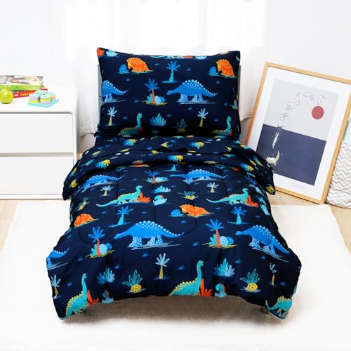david's kids 4 Piece Toddler Bedding Set - Soft Breathable Toddler Bedding Set for Boys Girls, Includes Quilted Comforter, Flat Sheet, Fitted Sheet and Pillowcase, Dinosaur Navy david's kids