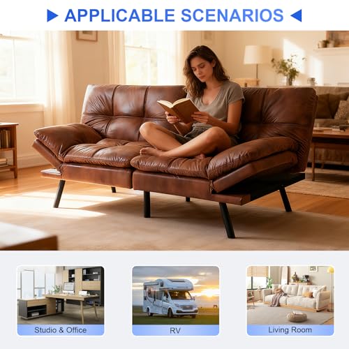 Vipbear 71" Futon Sofa Bed - Convertible Sofa Beds/Adjustable Backrest & Armrest, Comfy Loveseat Sleeper for Small Spaces, Apartments & Offices,Faux Leather Brown Futons Vipbear