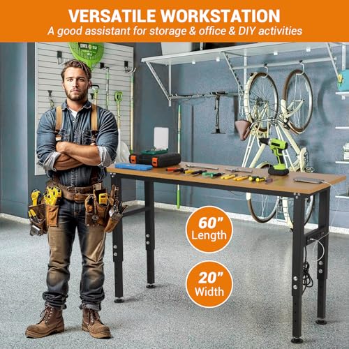60" Adjustable Workbench with Power Outlet, Heavy Duty 60" x 20" Work Benches with Foot Pads, 2500 LBS Load Capacity Work Bench for Garage, Workshop EliteEdge