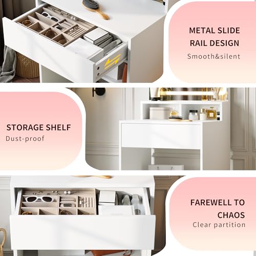 Dowinx Small Vanity Desk with Mirror and Lights, Small Makeup Vanity Desk with LED Lighted Mirror, Makeup Table with 3 Lighting Modes & Adjustable Brightness, Dressing Table for Women Girls Bedroom Dowinx