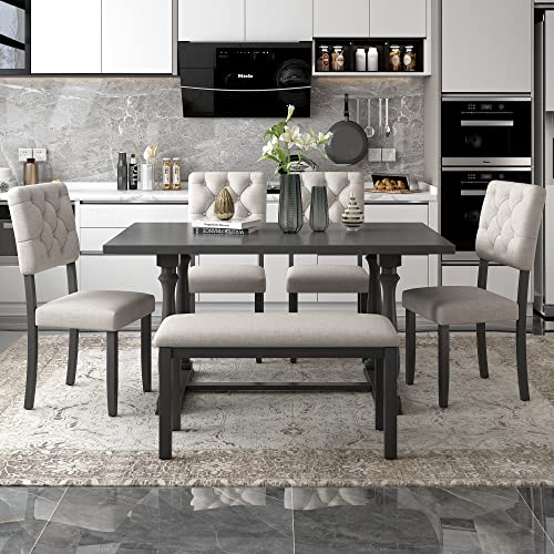 Merax 6 Piece Kitchen Dining Table Set, Wooden Rectangular Dining Table with Upholstered Bench and 4 Chairs, Dining Room Table Set for 6 People, Living Room Furniture (Gray, Beige Cushions) Merax