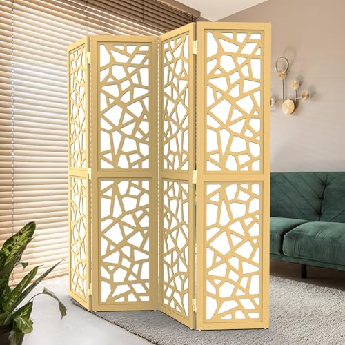 VINGLI 70'' H Room Divider, Non-Woven Fabric Privacy Screen, Indoor Partition Wall Dividers, Freestanding Hinged Space Separator with Modern Unique Pattern (Gold, 4 Panel) VINGLI