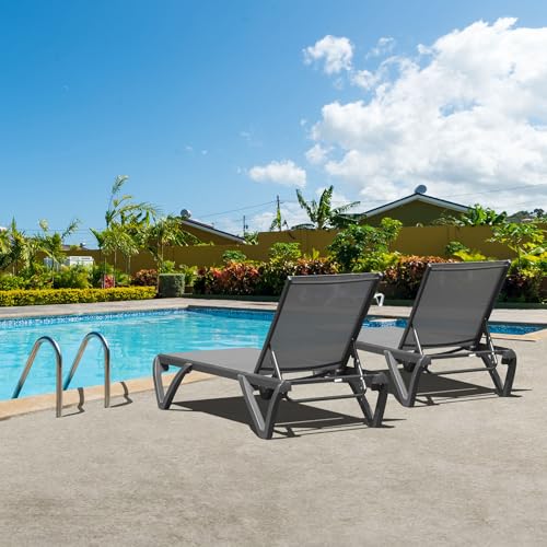 Domi Pool Lounge Chairs Set of 2, Aluminum Adjustable Outdoor Chaise Lounge with Wheels, All Weather Outdoor Lounge Chair for Deck Lawn Patio Backyard, Textilene - Gray