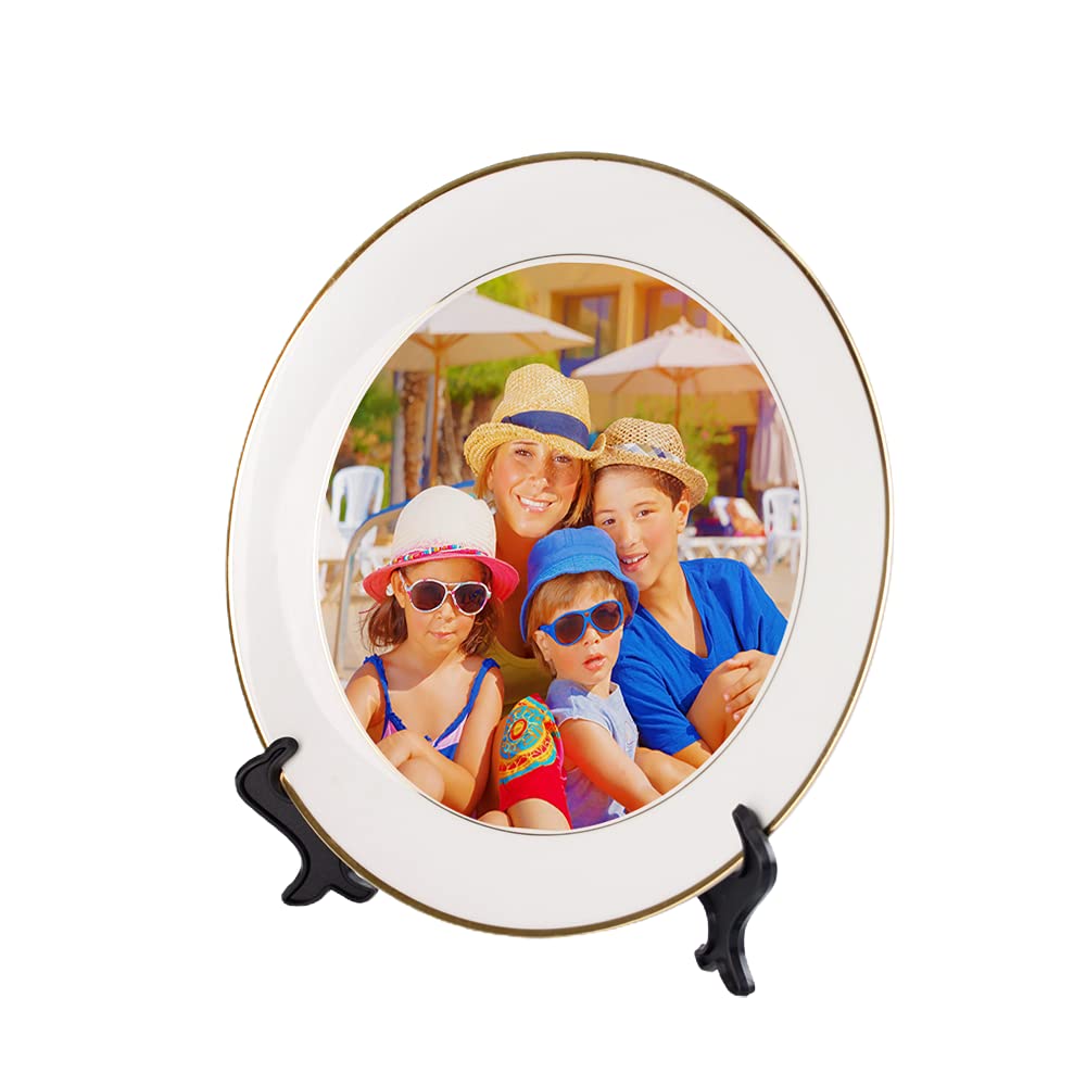 MR.R Set of 2 Sublimation Blanks White Ceramic Gold Rim Plate with Stand,Porcelain Plates, 8 inch Round Dessert or Salad Plate, Lead-Free, Safe in Microwave, Oven, and Freeze MR.R