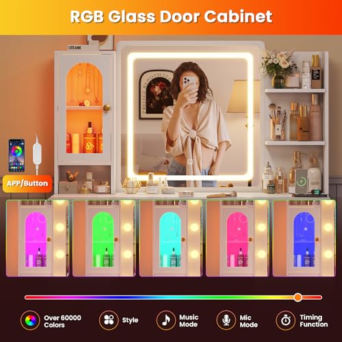 Hasuit White Vanity Desk with Mirror and LED Lights, Large Makeup Vanity Desk with 7 Drawers, Storage Shelves and RGB Glass Cabinet, Dressing Table for Bedroom with Charging Station, Lights Adjustable Hasuit
