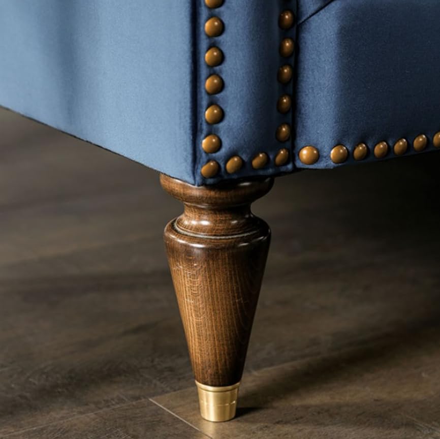 MASARA Tufted Velvet Sofa, 91-inch Camelback Design, Blue with Nailhead Trim and Walnut Legs MASARA