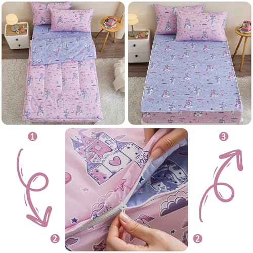 Anibedding 3Pcs Zip Up Bedding Comforter Set for Girls, Pink Castle All in One Zipper Twin Bedding Set with Pillowcase for Kids Anibedding