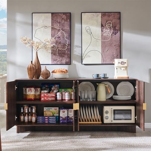 IFGET Modern Buffet Cabinet with Storage, 70" Large Sideboard Buffet Storage Cabinet with 4 Doors and Adjustable Shleves, Wooden Curved Coffee Bar for Dining Room, Kitchen, Living Room, Brown IFGET