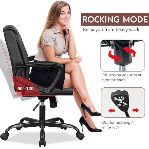 PayLessHere PU Leather Task Chair Home Office Chair Ergonomic Desk Chair with Lumbar Support and Armrests Adjustable Features with Mid Back Swivel Executive Computer Chair (Black) PayLessHere