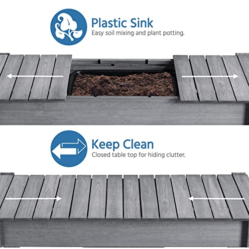 Yaheetech Potting Bench Table Outdoor Garden Potting Table Wooden Workstation w/Sliding Tabletop Removable Sink w/Storage Shelf Flower Pot Bench Mobile Garden Potting Bench Gray Yaheetech