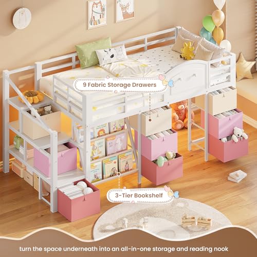 VIAGDO Low Loft Bed Twin Size with 9 Storage Drawers, Bookcase and LED Lights, Metal Kids Loft Bed with Wide Staircase, Open Shelves and Safety Guardrail, Twin Loft Bed with Under-Bed Playhouse, White VIAGDO