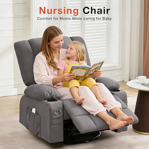 Rocker Recliner Chair with Heating and Kneading Massage for Adults,360ยฐSwivel Rocker Recliner with Cup Holder and USB Charge Port for Living Room,Bedroom, Nursery