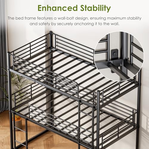 NKISHECK Triple Bunk Beds, 3 Bunk Bed Twin Over Twin Over Twin with 2 Ladders, Metal Frame with Guardrails,Heavy Duty Triple Bed Frame for Teenagers/Adults Bedroom, No Box Spring Needed NKISHECK