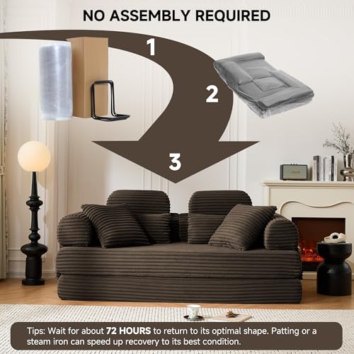 KSTNLUXQ 79" Sofa Bed, Deep Seat 32" Sleeper Sofa, 5-in-1 Convertible Sofa Bed, Boneless Couch in a Box, Corduroy Floor Futon with Thickened backrest and Headrest Pillows, Side Pockets, Brown KSTNLUXQ