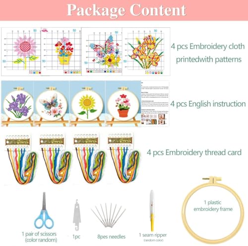 Zhenqing 4-Pack Floral Cross Stitch Kits – 11CT 20x20cm Aida Cloth with Iris, Sunflower & Butterfly Designs – Vibrant Home Decor Embroidery Set(68157)