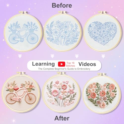 Huacan Embroidery Kit for Adults Beginner - Embroidery Kits for Adults Beginner 3 Pcs Stamped Heart Pattern, Hand Stitching Kit Art Craft, DIY Sewing Kit with Box 7.9 x 7.9 Inch