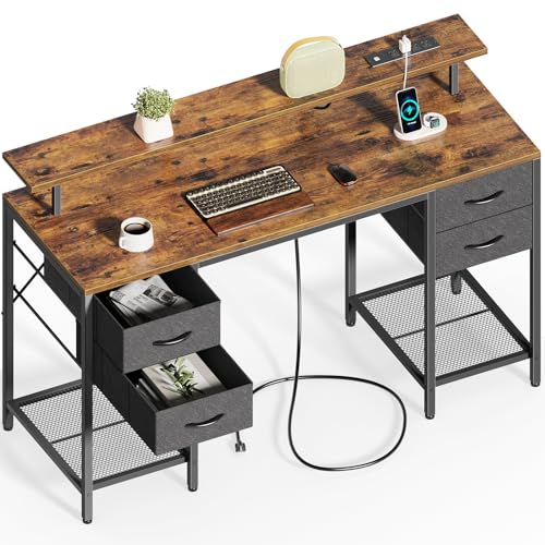 Huuger 55 inch Computer Desk with 4 Drawers, Gaming Desk with LED Lights & Power Outlets, Home Office Desk with Large Storage Space for Bedroom, Work from Home, Rustic Brown Huuger