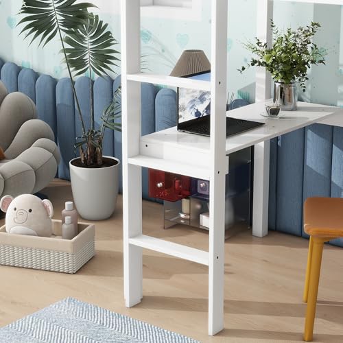 Twin Size High Loft Bed with Built-in Desk,Rubber Wood Loft Beds for Kids with Ladder & Safety Guardrail,Space-Saving Study and Sleep Combination,Wooden Frame for Bedrooms,Easy Assembly,White GDFStudio