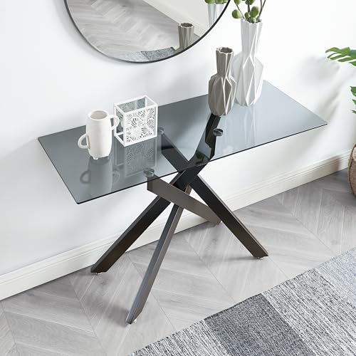Edwin's Choice Black Glass Console Table Narrow Sofa Table with Grey Tempered Glass Top and Black Metal Tubular Legs with Gold Rim, 45”Lx18”Wx30”H Edwin's Choice