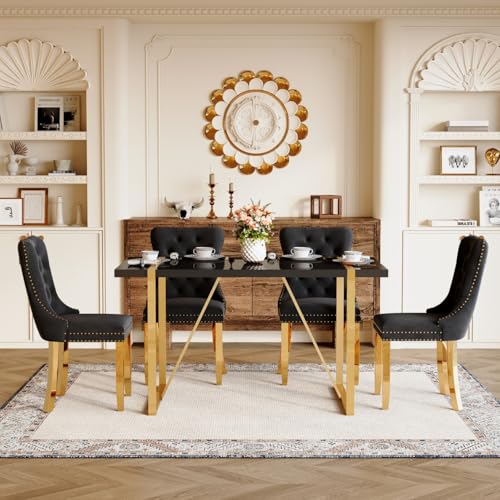 Black Dining Table Set for 4, 55" Black Glossy Top with Gold Metal Legs, Modern Dining Table Set for 4 & Velvet Tufted Chair with Nailhead Trim, Luxry Kitchen Table Set Ideal for Dining Room,APT Iopirbu
