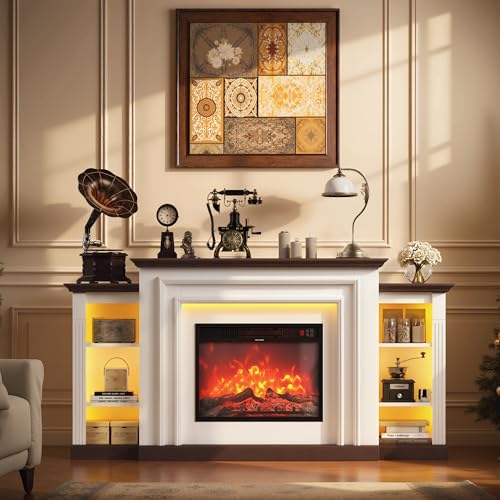 ENSTVER 72''Modern Electric Fireplace Mantel TV Stand,Large Entertainment Center with Open Storage Shelves for 80''TV, LED Ambient Lighting Fireplace TV Stand for Living Room ENSTVER