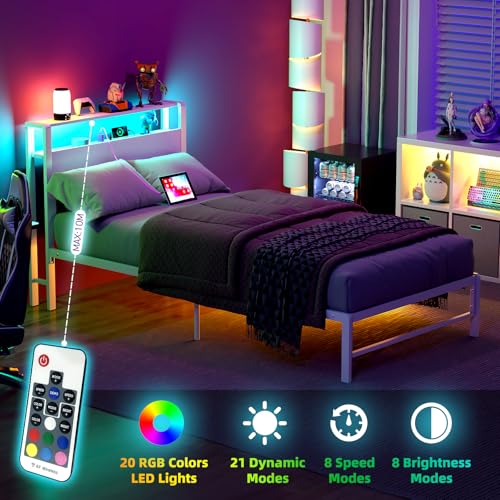 Weehom Twin Bed Frames with 2 Tiers Wood Storage Shelves Headboard, Twin Size Bed with Charger Stations and LED Light Under Bed Storage Space Platform Bed for Kids, Girls and Adults, White Weehom
