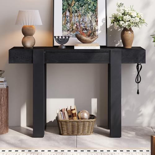 Merax Rustic Minimalist Console Table with Hidden Drawer, Side Power Outlet, Wood Entryway Table for Entryways, Living Rooms, Home Offices, Black Merax