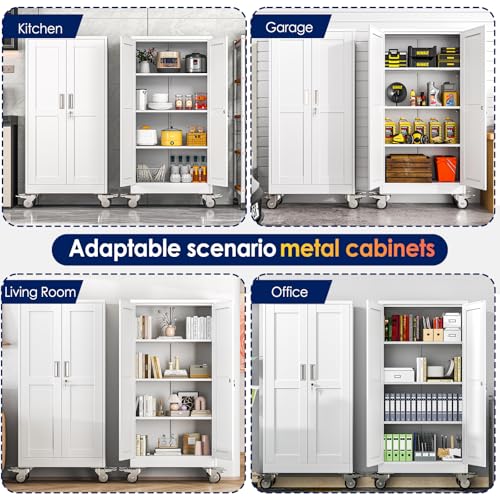 erosoei 61" H Metal Garage Storage Cabinet, Rolling Tool Cabinet with 2 Doors and Wheels, Locker Steel Cabinet with 3 Adjustable Shelves, Organization Cabinet for Garage,Office,Home,Gym,School(White) erosoei