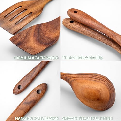 Wooden Spoons for Cooking, Acacia Wood Cooking Utensils Set – 11 Piece Wooden Kitchen Tools with Holder, Spoon Rest, Nonstick Cookware Safe by HOWHONG HOWHONG