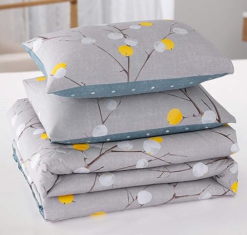 SLEEPBELLA Comforter Twin Size, 600 Thread Count Cotton Grey Branch with Yellow Turquoise Polka Dot Pattern Green Reversible Comforter Set,Down Alternative Bedding Set 2Pcs (Twin, Grey Branch) SLEEPBELLA
