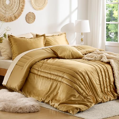 MUSSEL Bedding Comforter Set Queen Size 3 Pieces-Luxury Shiny Gold Striped Lightweight Bedroom Comforter Queen Size,Soft Velvet Bed Set with 2 Shams MUSSEL