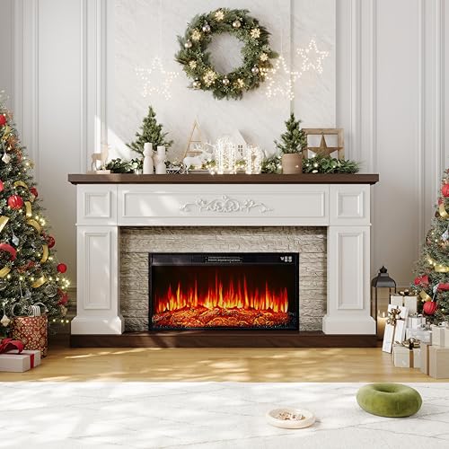 60" Fireplace with Mantel, Solid Wood White TV Stand with Fireplace for, Modern Entertainment Center TV Stand, Replaceable 30" Fireplace Insert Heater, for Living Room, Bedroom BOSHIRO