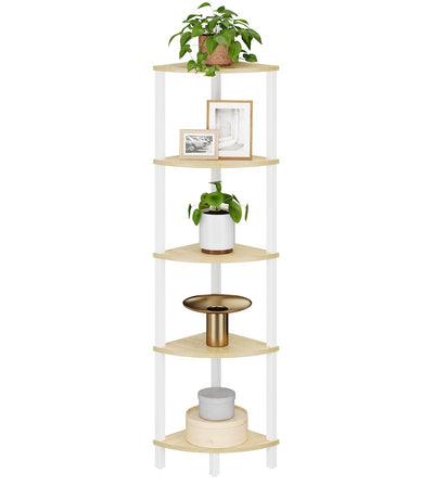 VIMBER 5-Tier Rustic Corner Bookshelf with Industrial Ladder Design in White and Nature Wood