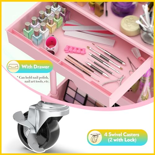 SUNALLY Makeup Cart Organizer with Drawers, Floor Skincare Organizers Vanity Storage Organizer, Rolling Makeup Bathroom Storage Cart Cosmetics Display Cases for Skin Care Perfume Nail Polish, Pink