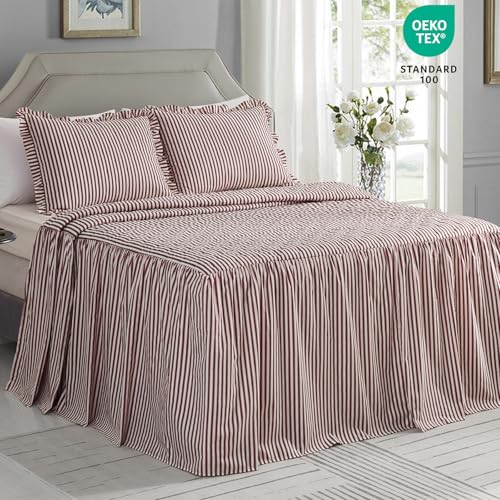 CHIXIN Ticking Stripe Ruffle Skirt Bedspread Queen Size - 30" Long Drop, Shabby Chic Style, Lightweight Bedding Cover, 3 Piece Set, Burgundy Red CHIXIN