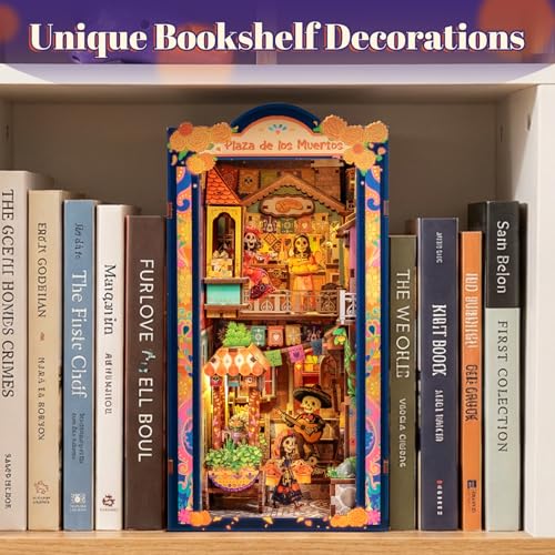 Fsolis Book Nook Kit Día De Muertos - 3D Wooden Puzzles for Adults DIY Miniature House Bookshelf Decor Decorative Bookends Gifts for Women Book Lovers (Plaza de Los Muertos)