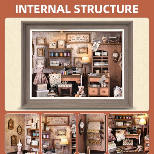 Book Nook Kit - 3D Wooden Puzzle with LED Switch Control & Wall-Mountable Frame,DIY Miniature House for Beginners,Bookshelf/Tabletop/Wall Decor for Craft Lovers,Dollhouse Gift (Lily Sewing Shop)